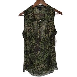 NO STRINGS ATTACHED Womens Sleeveless Button Camo Leopard Sheer Top Size L
